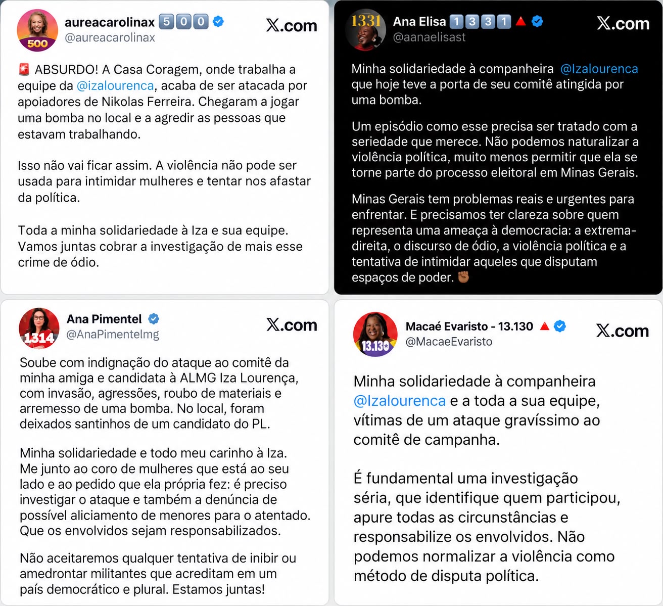 Candidatas nas eleições 2026 se solidarizaram com ataque ao comitê de Iza Lourença (Fotos: Reprodução)