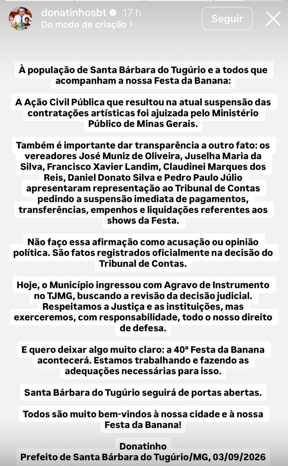 Informações divulgadas pelo prefeito em uma rede social