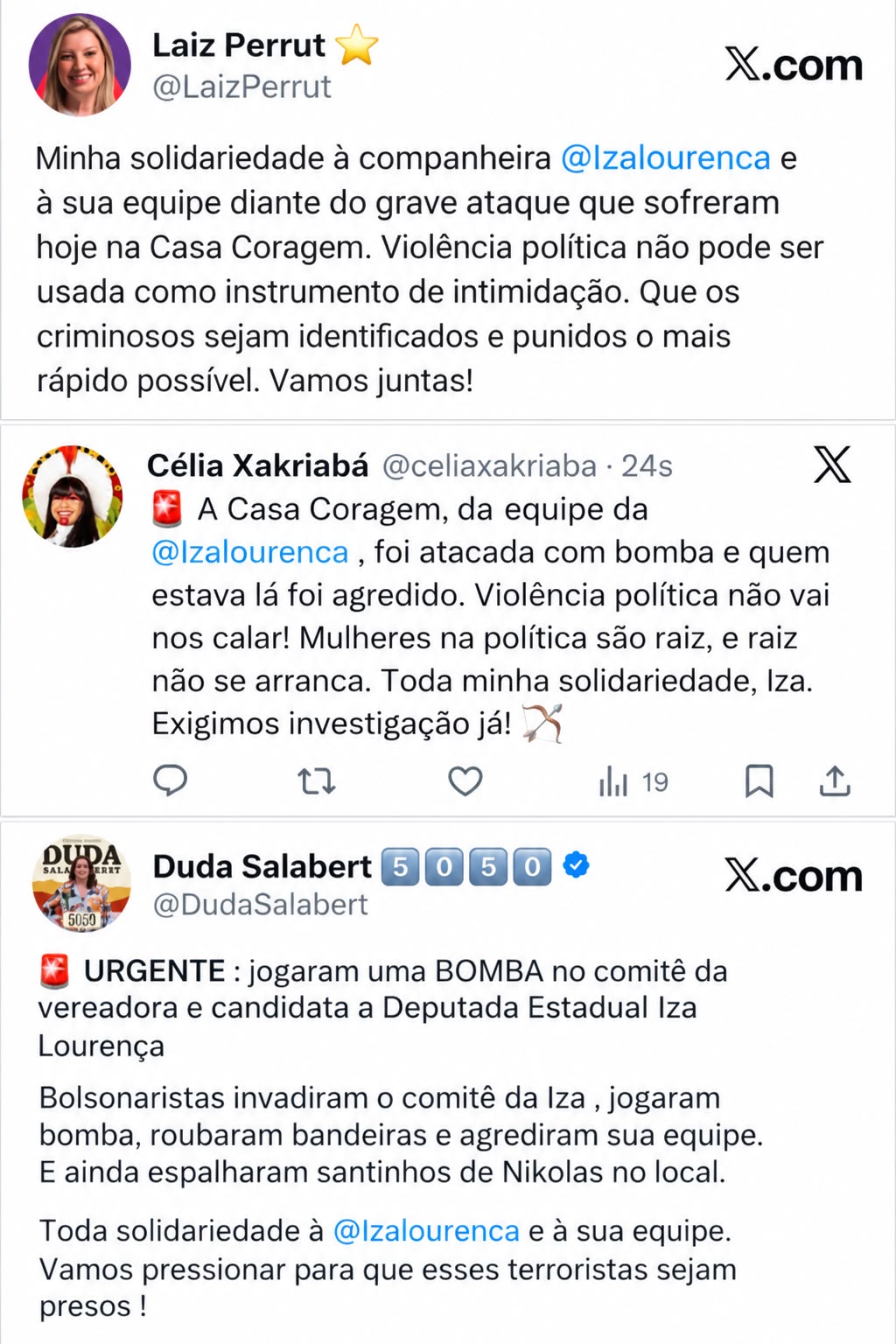 Candidatas nas eleições 2026 se solidarizaram com ataque ao comitê de Iza Lourença (Fotos: Reprodução)