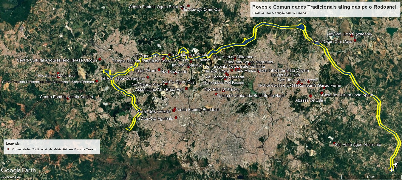 Mapa mostra comunidades que serão atingidas pelo Rodoanel. Foto: Divulgação/Federação de Quilombos