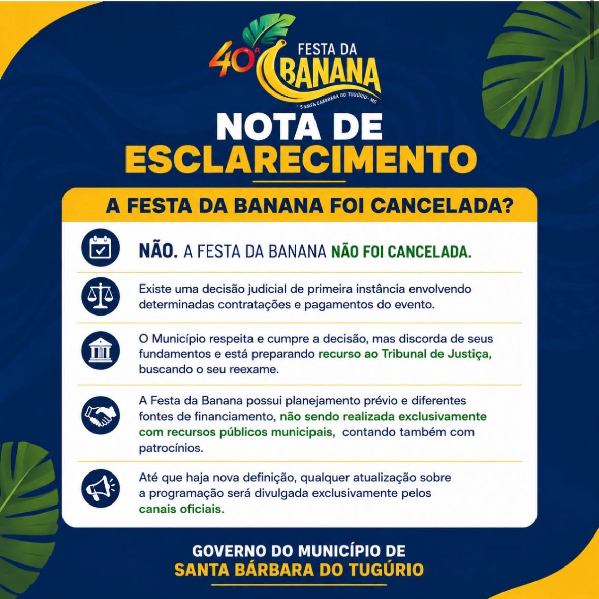 Comunicado divulgado no perfil oficial da festa em uma rede social